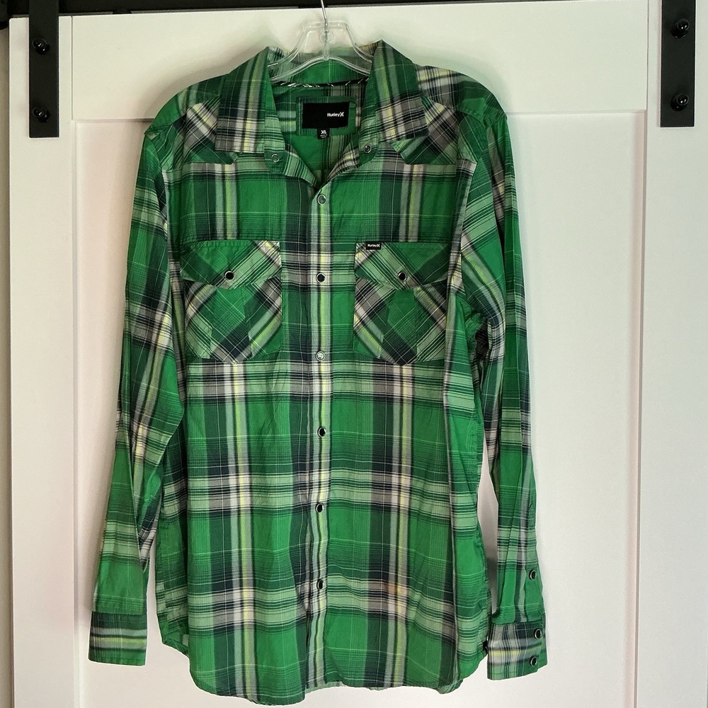 Hurley Shirt Men's Long Sleeve Plaid Western Themed Snap Up Green Black White XL